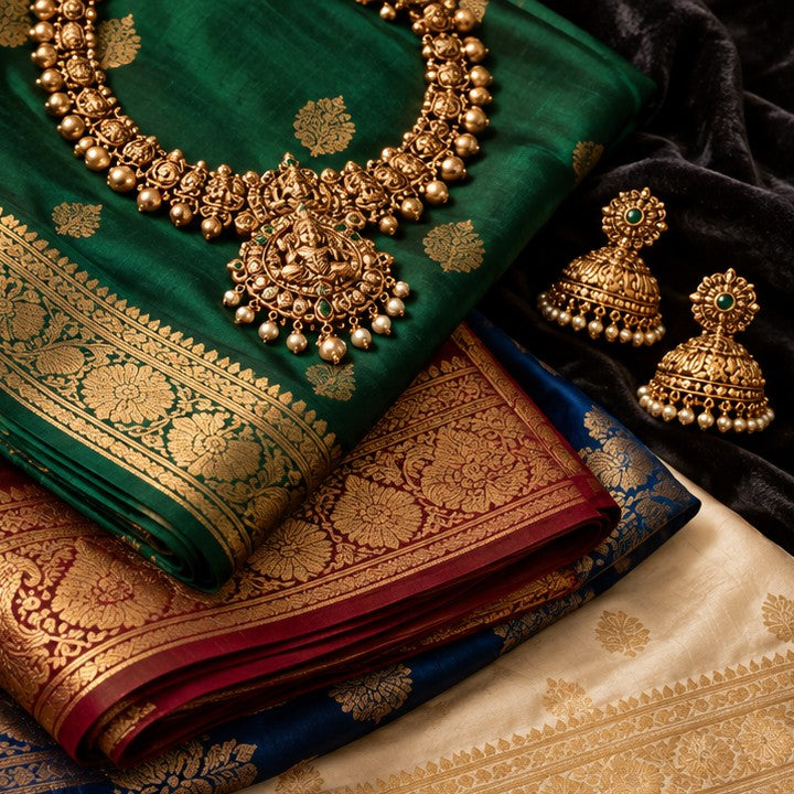 Antique gold temple necklace and jhumkas on silk sarees