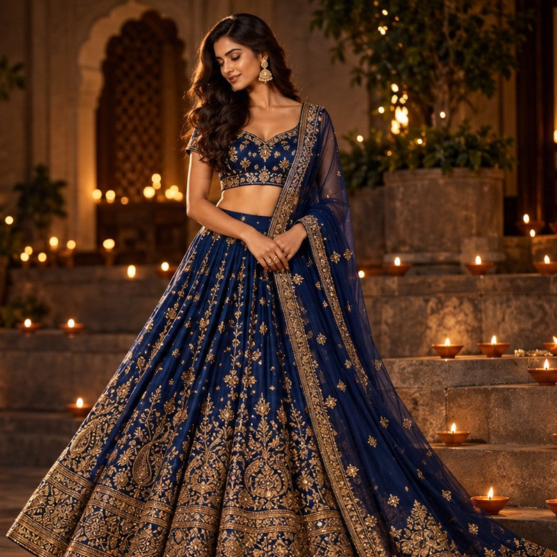 Navy and gold embroidered lehenga