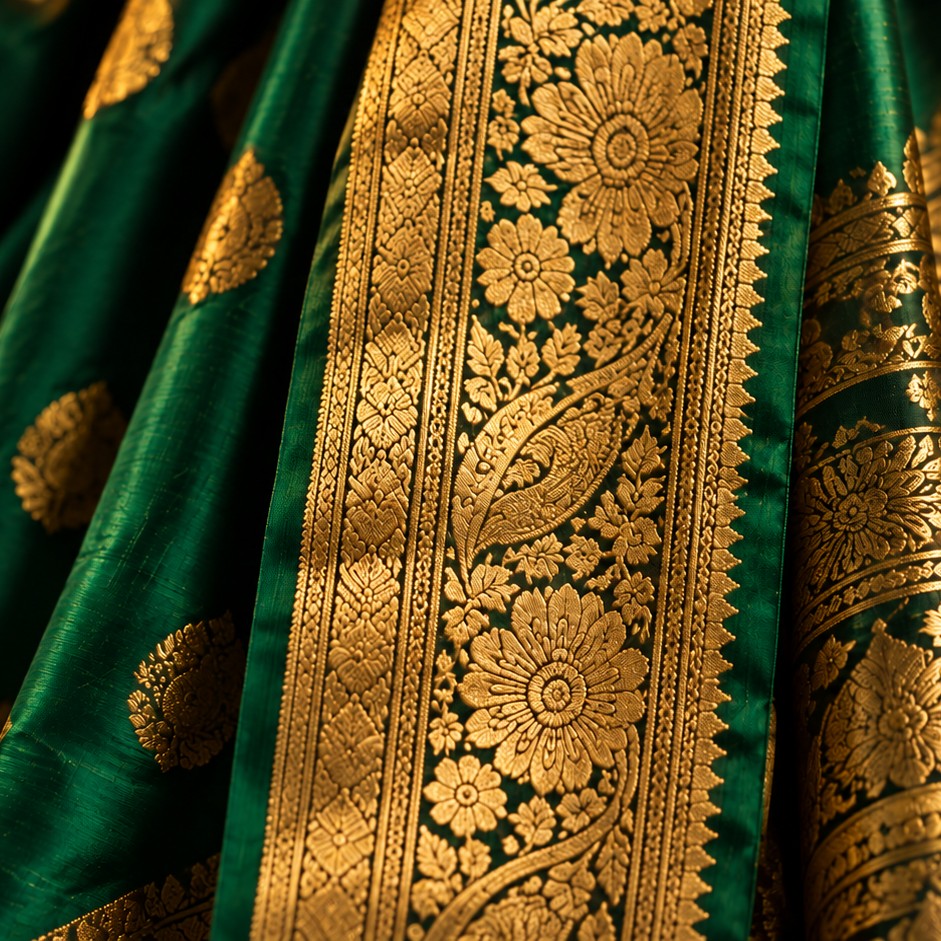 Green silk pallu with gold zari