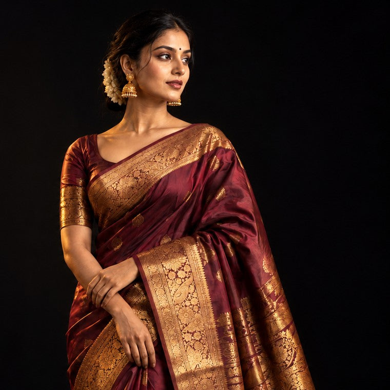 Maroon Kanchipuram silk saree with gold zari border