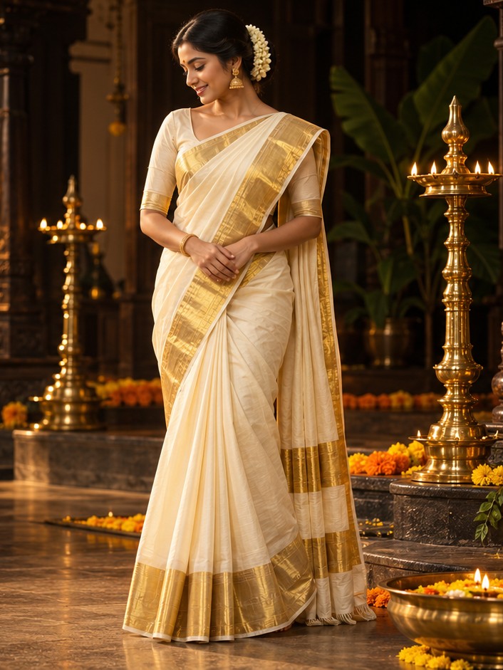 Kerala kasavu saree with brass lamps and marigolds