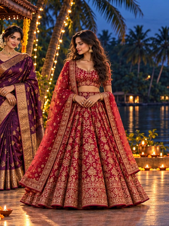 Red bridal lehenga on a diya-lit pavilion at dusk