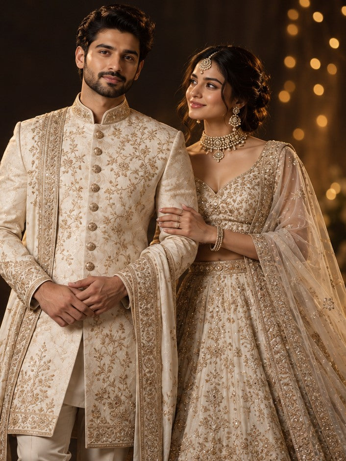 Bride and groom in ivory and gold lehenga and sherwani