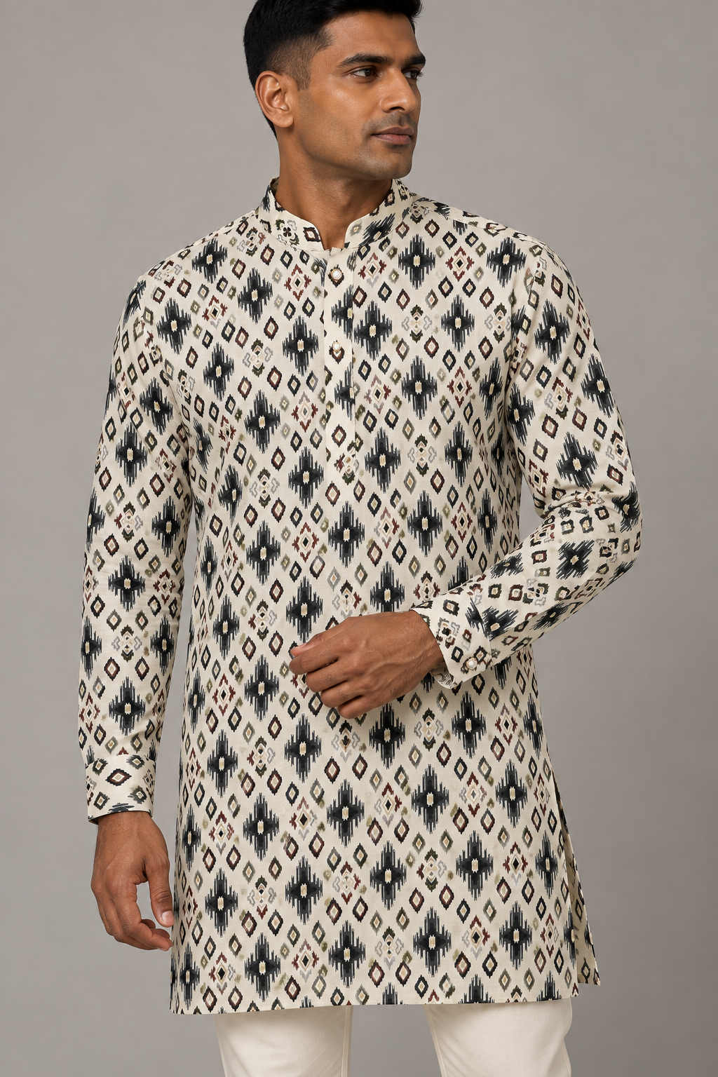 Ivory Semi-Cotton Ikat Print Kurta – close-up of the mandarin collar and geometric ikat pattern