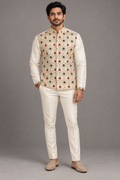 Ivory Semi-Silk Floral Embroidered Short Kurta – front view on a model, with gold, red and navy floral embroidery across the front panels