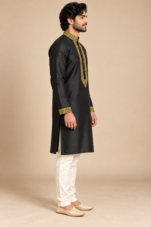 Black Raw Silk Gold Embroidered Kurta – side view showing the straight knee-length cut and side slit