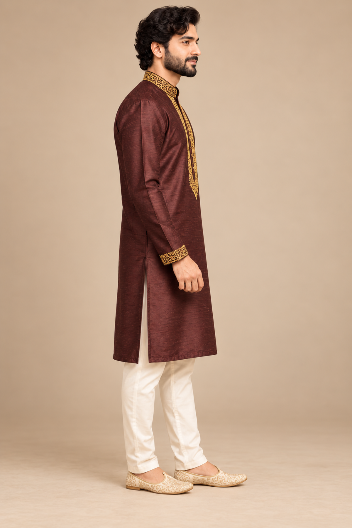 Maroon Raw Silk Gold Embroidered Kurta – side view showing the straight knee-length cut and side slit