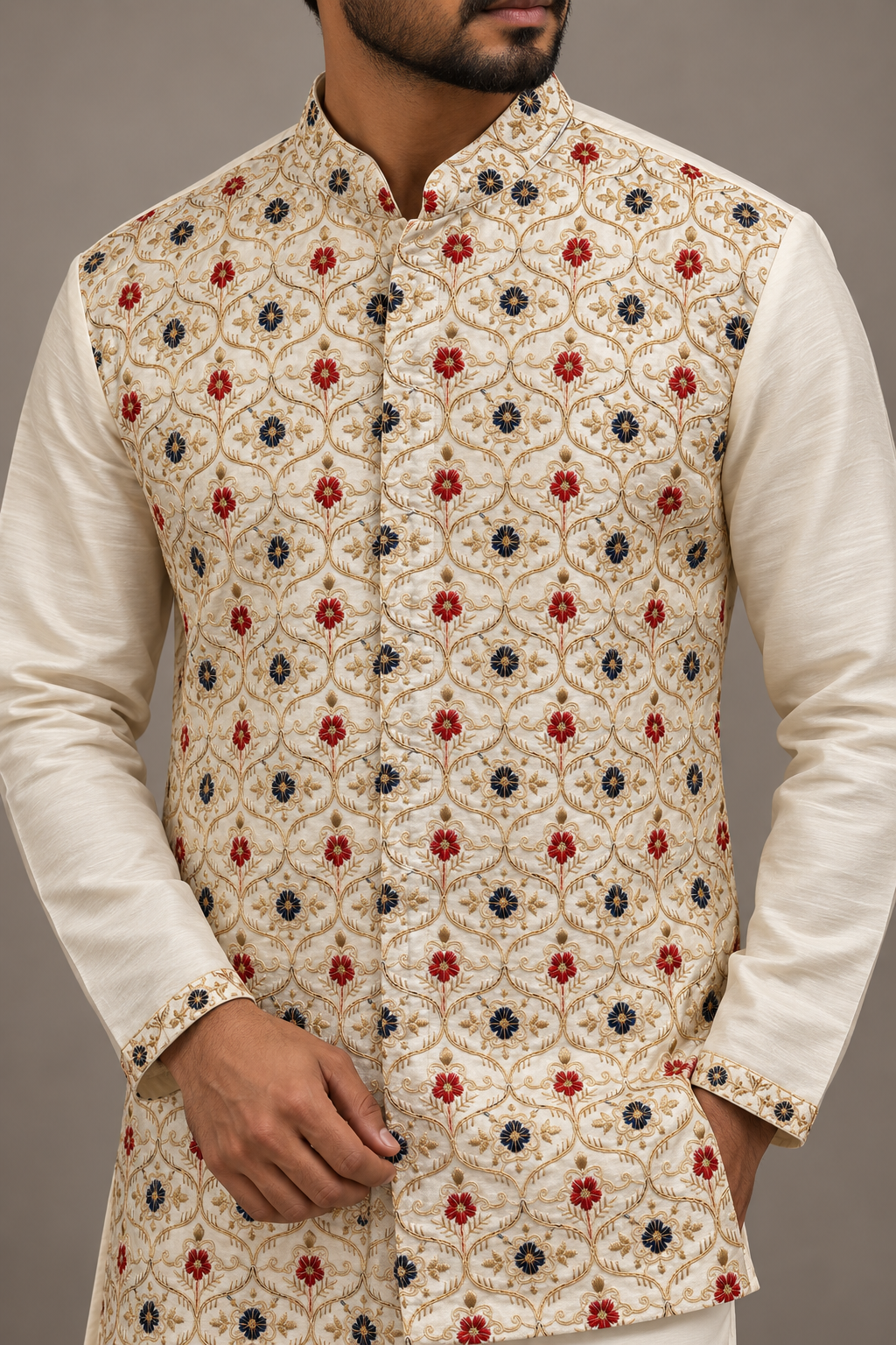 Ivory Semi-Silk Floral Embroidered Short Kurta – close-up of the gold trellis embroidery with red and navy flowers and embroidered cuffs