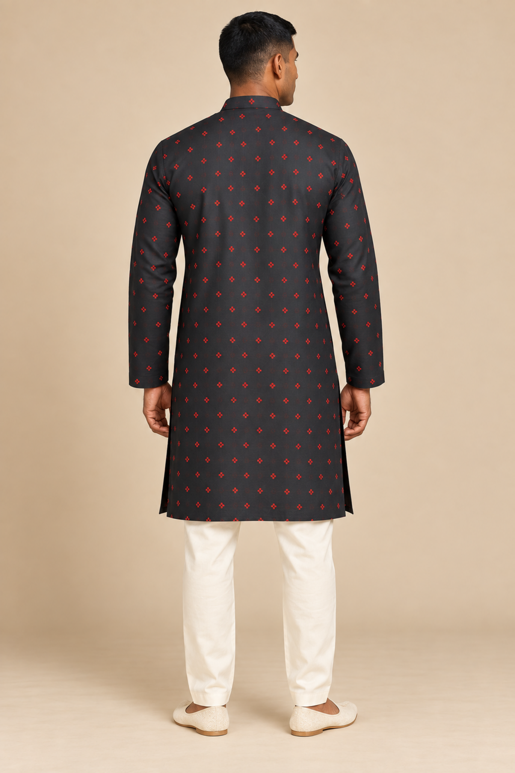 Charcoal Black Semi-Cotton Kurta with Red Motifs – back view showing the all-over red motif pattern