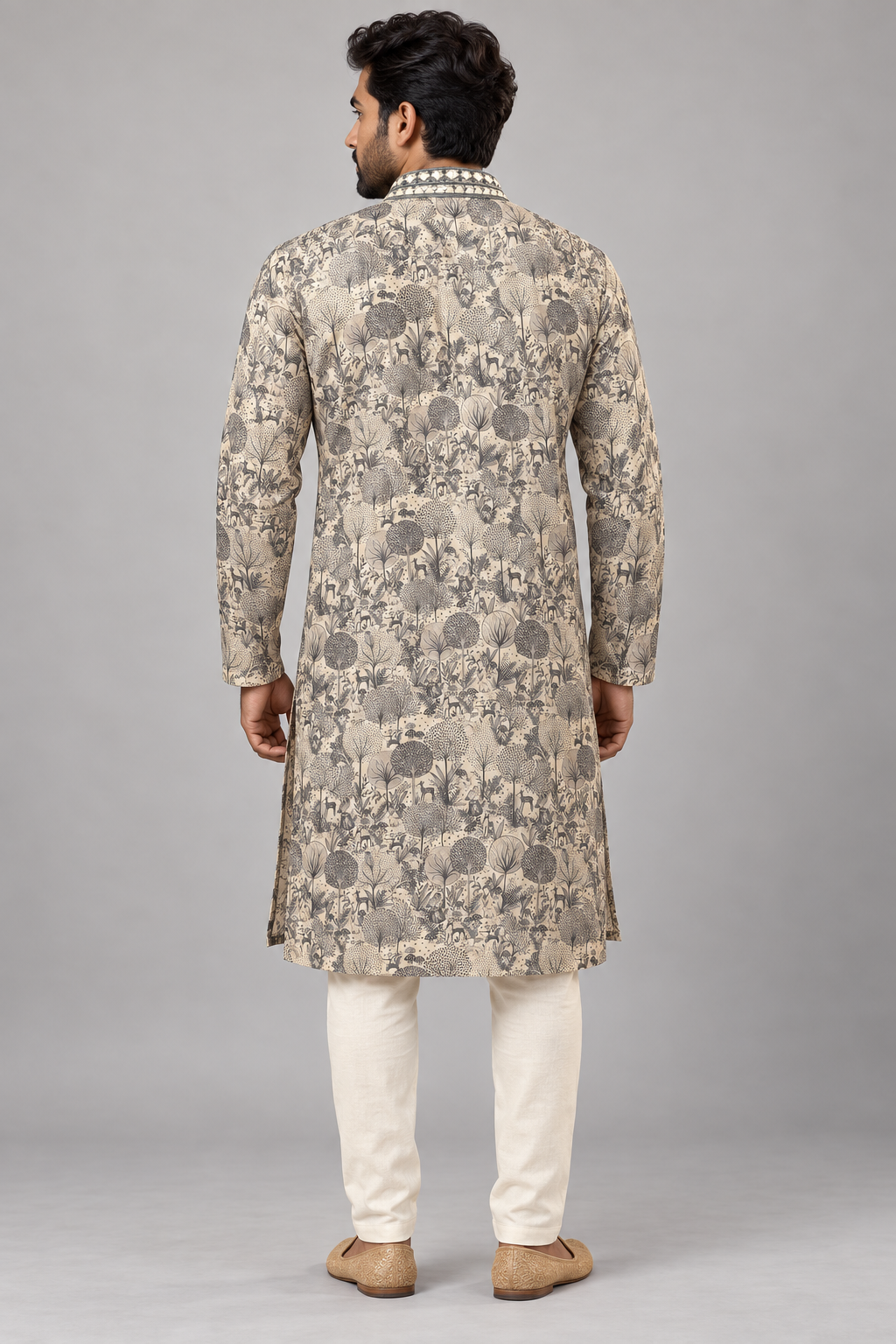 Ivory Semi-Silk Woodland Print Mirror Work Kurta – back view showing the all-over woodland print