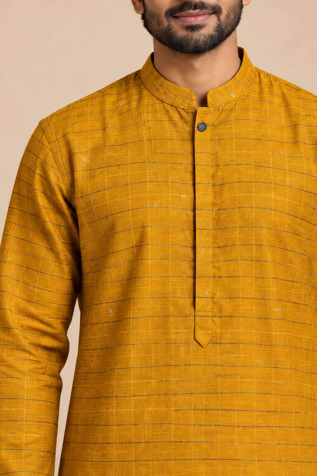 Mustard Semi-Silk Checked Kurta – close-up of the mandarin collar, buttoned placket and check texture