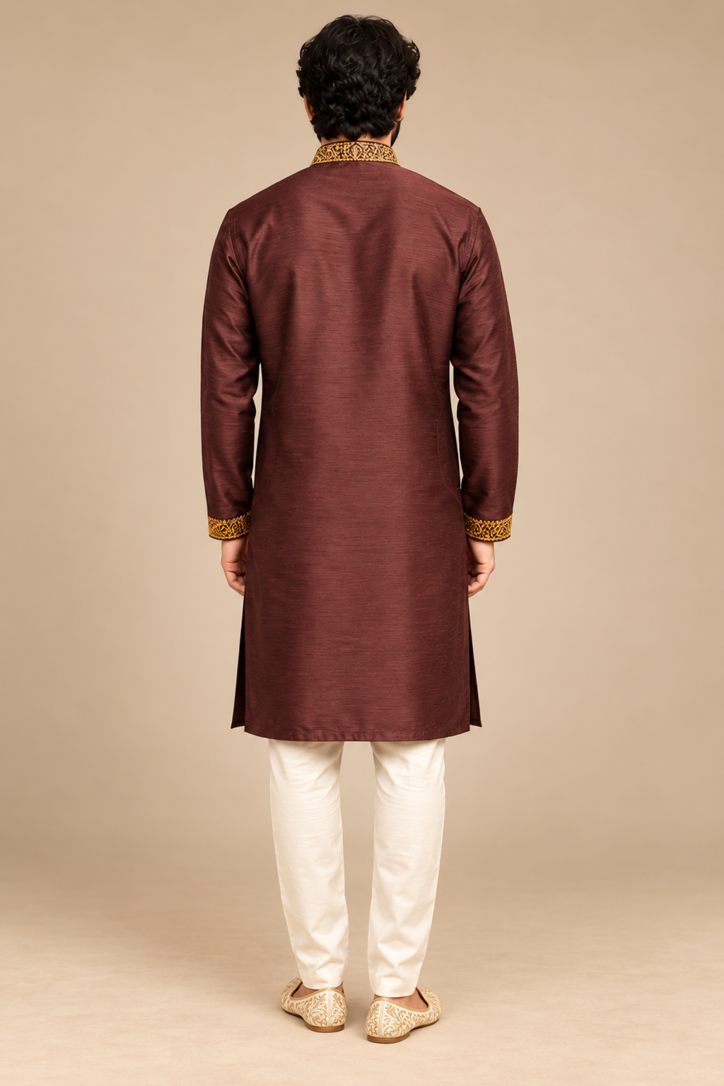 Maroon Raw Silk Gold Embroidered Kurta – back view showing the embroidered collar and cuffs