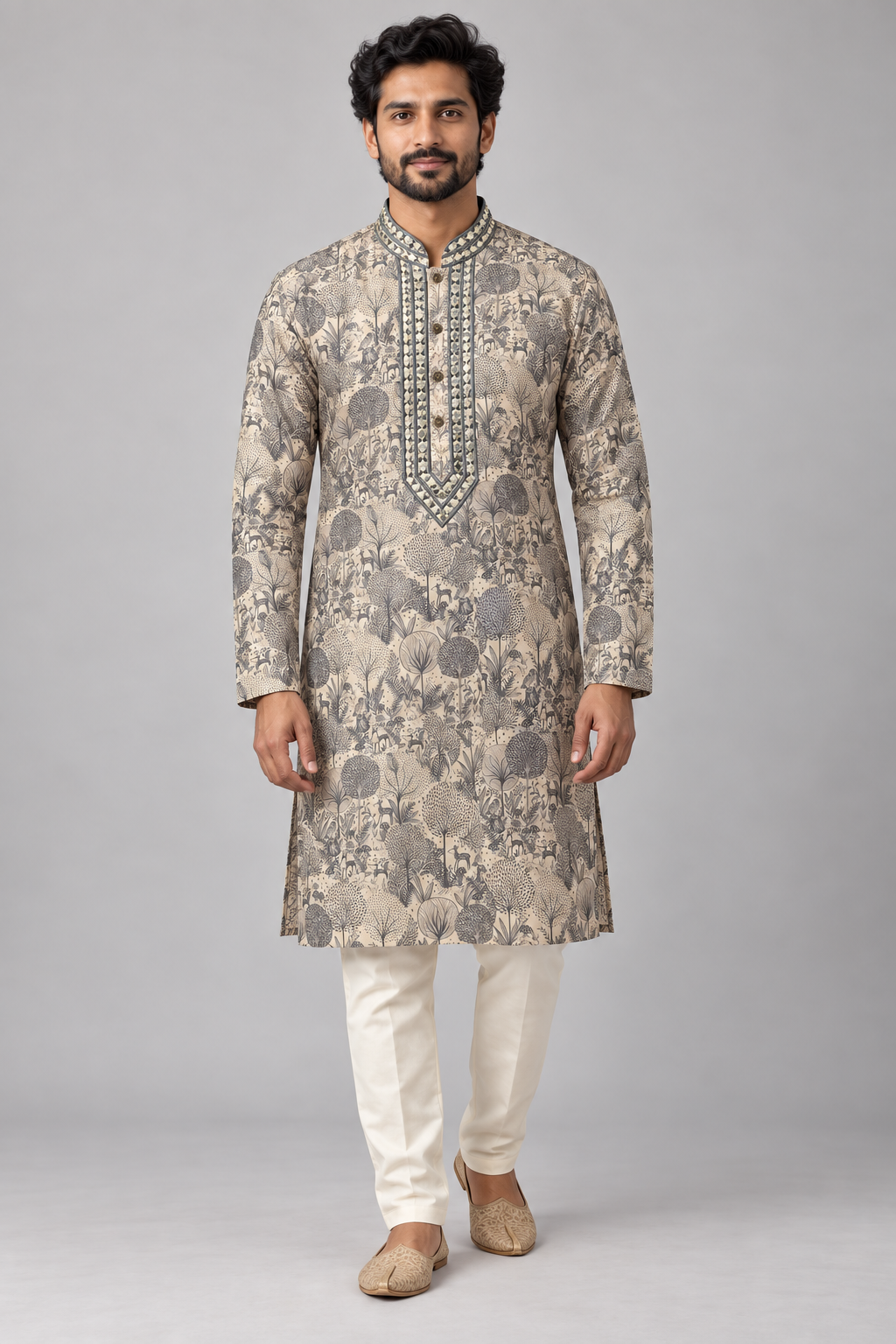 Ivory Semi-Silk Woodland Print Mirror Work Kurta – front view on a model, with grey woodland floral print and mirror work placket