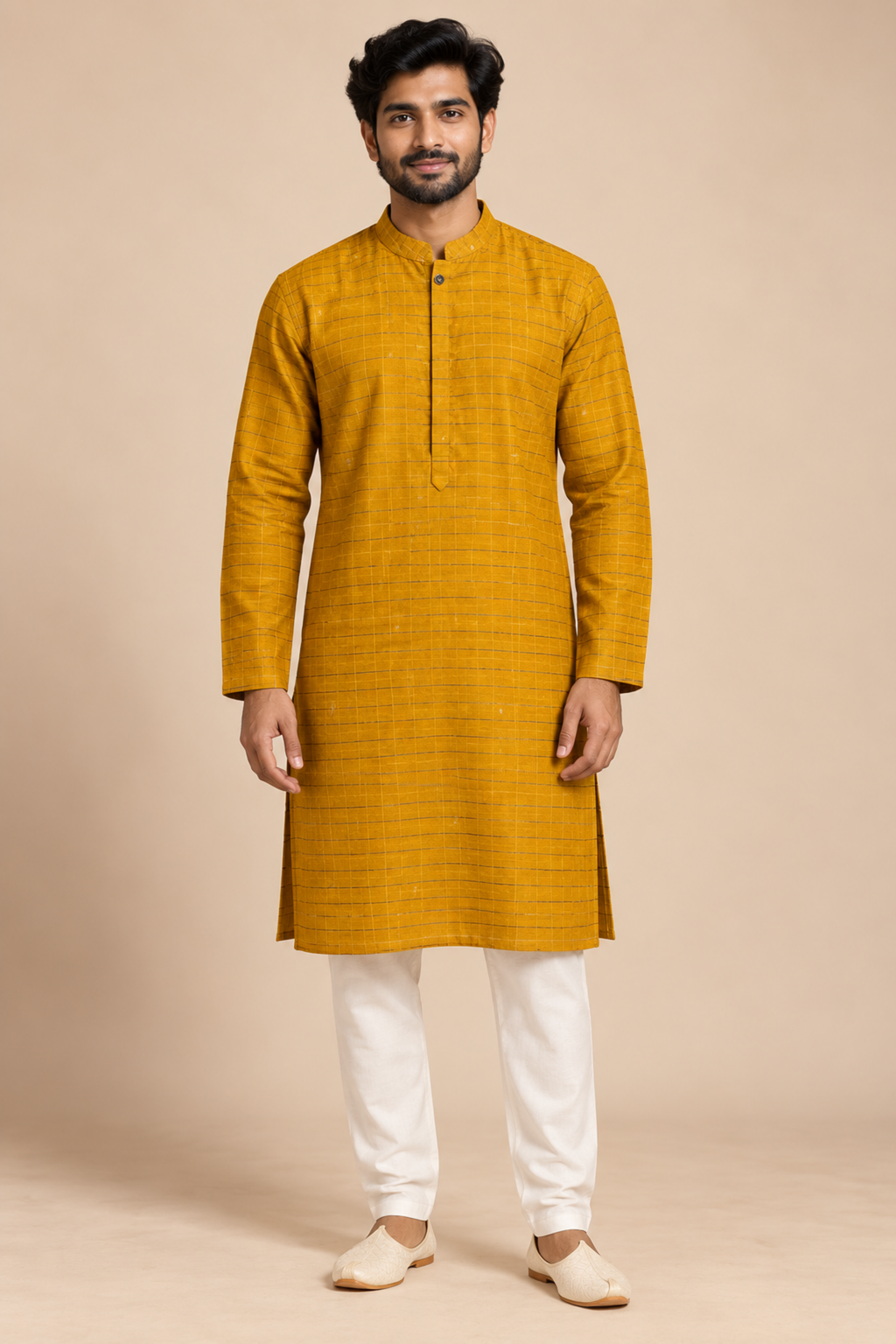 Mustard Semi-Silk Checked Kurta – front view on a model, in mustard yellow with fine tonal check