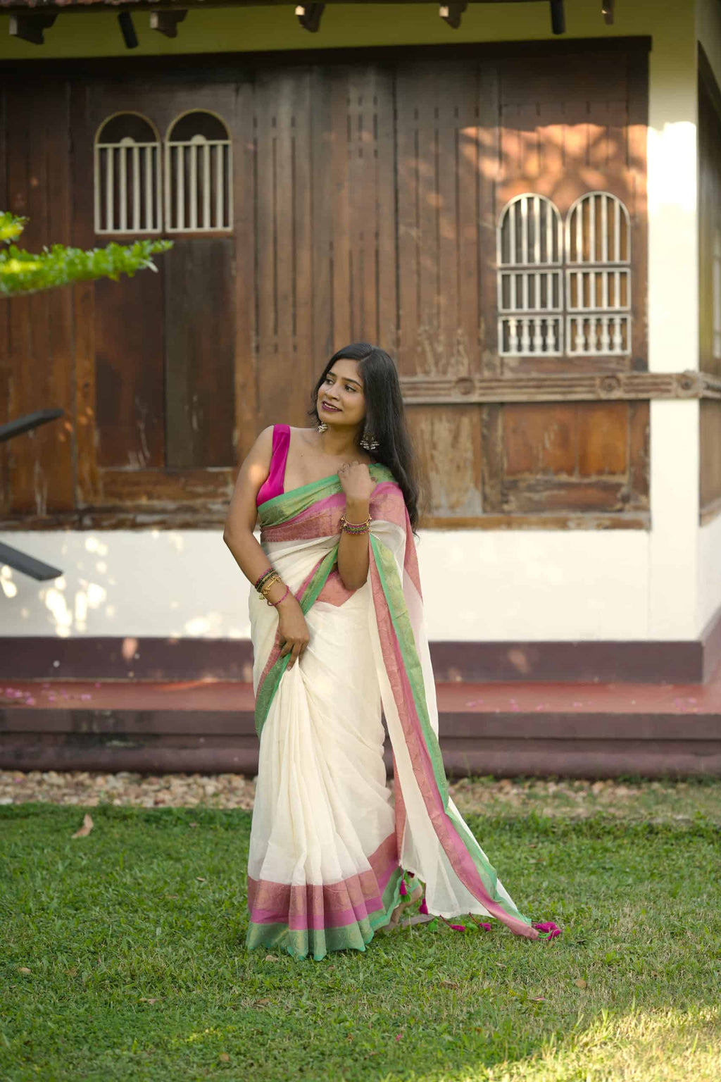Mal Cotton Saree – Pink & Green Border – photo 2