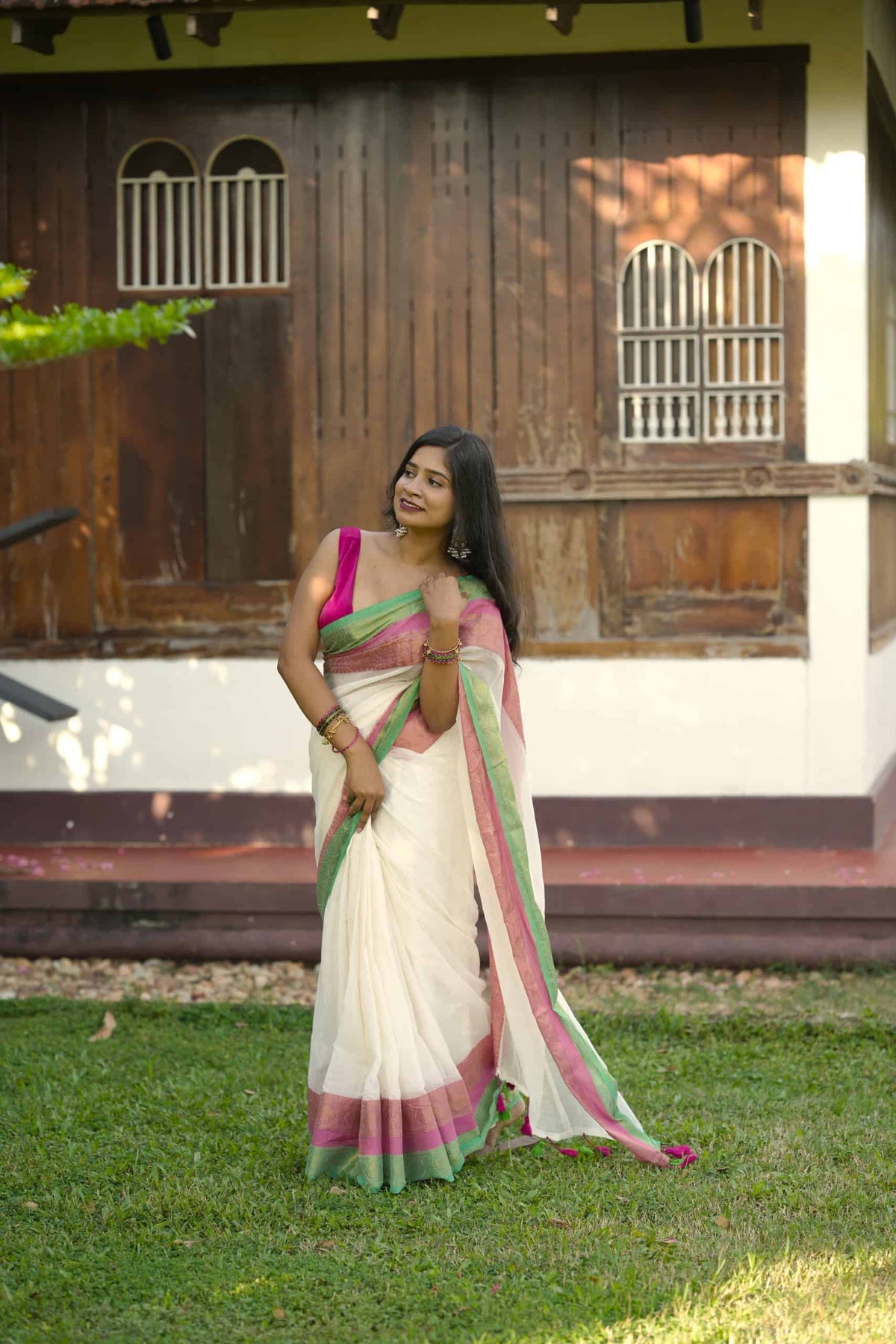 Mal Cotton Saree – Pink & Green Border – photo 2