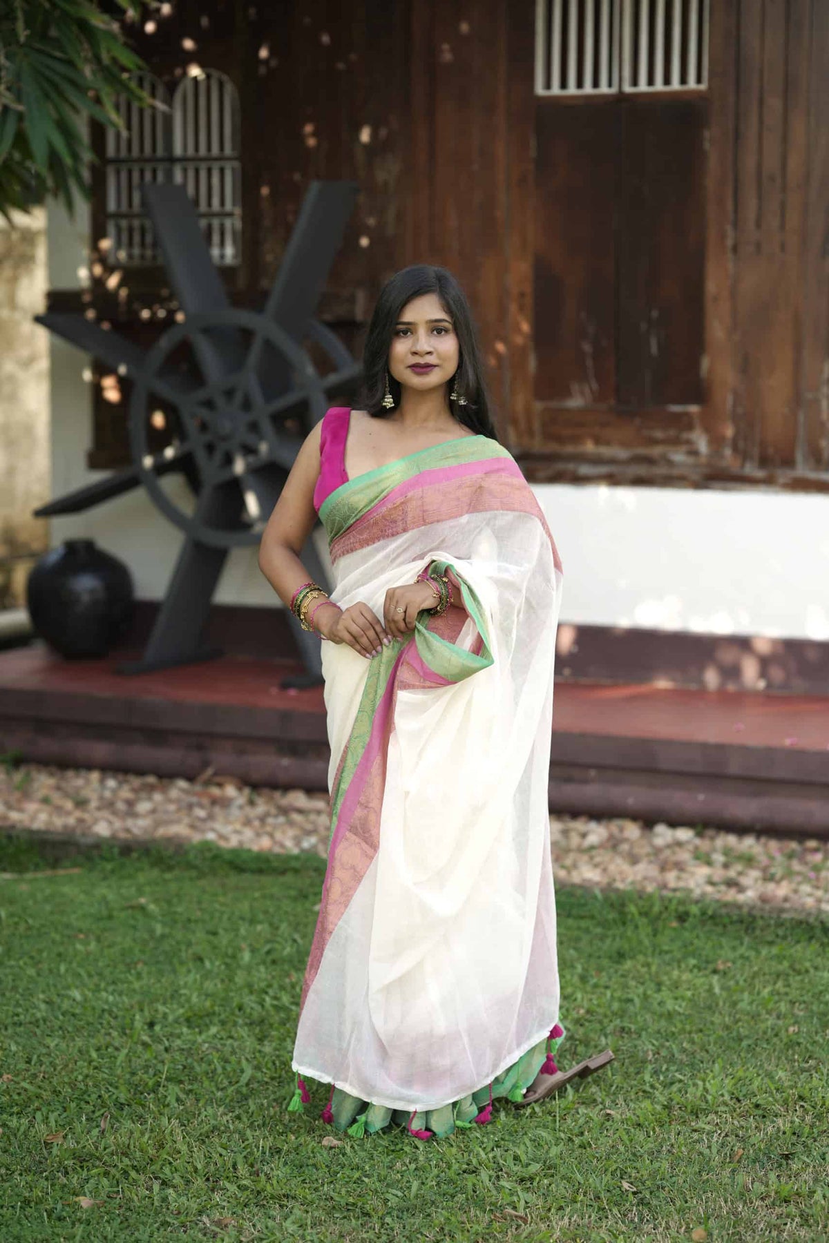 Mal Cotton Saree – Pink & Green Border – photo 1
