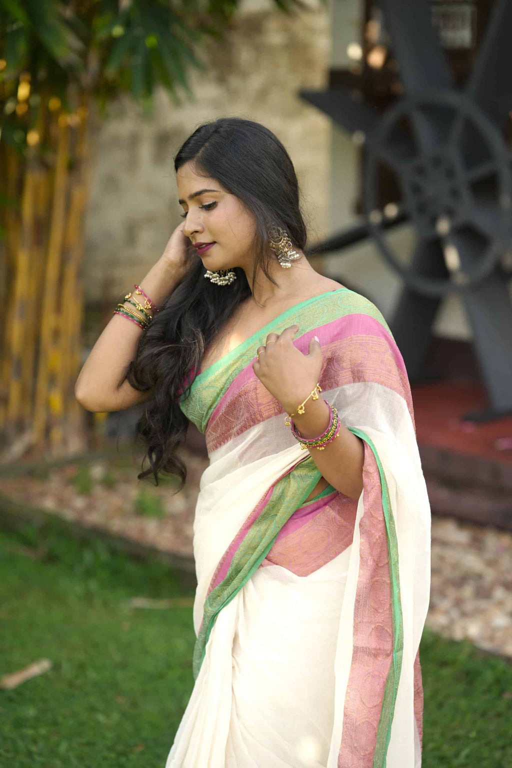 Mal Cotton Saree – Pink & Green Border – photo 5