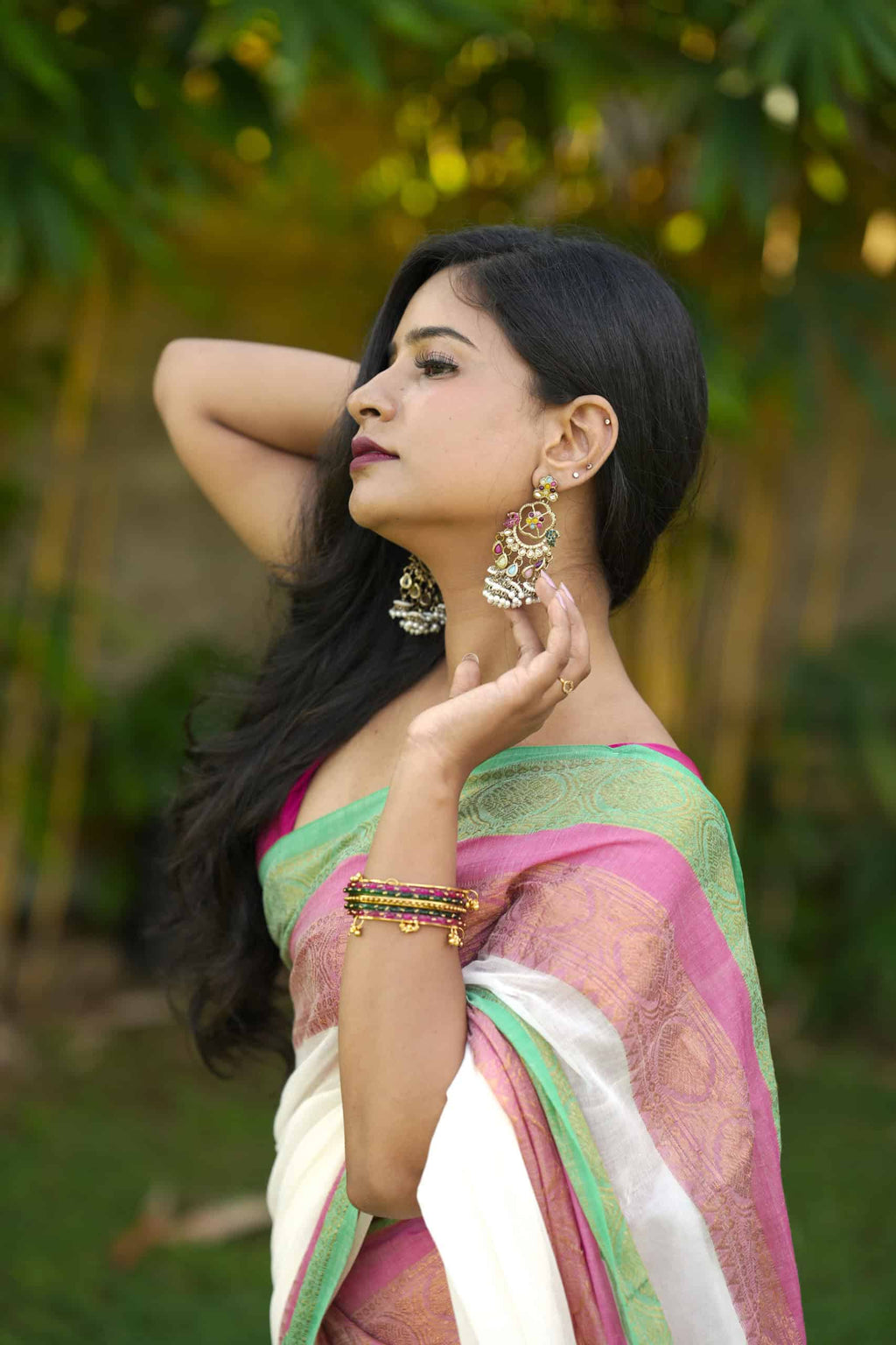 Mal Cotton Saree – Pink & Green Border – photo 4