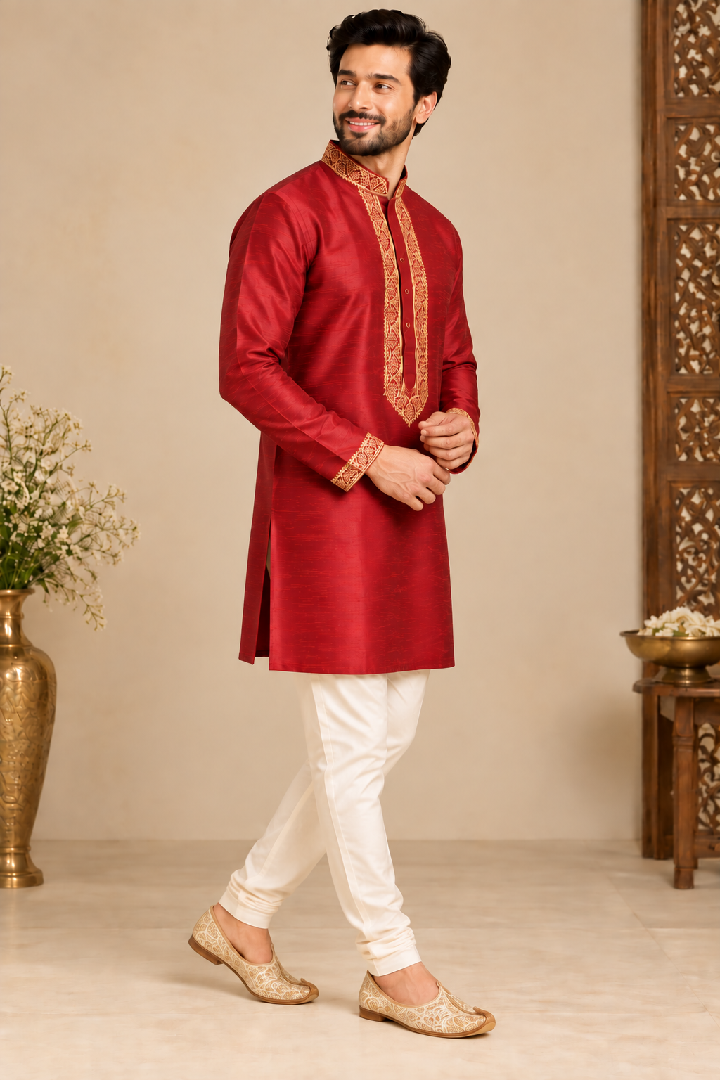 Royal Maroon Gold Embroidered Kurta