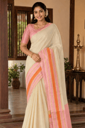 Chanderi Silk Kerala Saree – Pink & Gold Border – photo 1