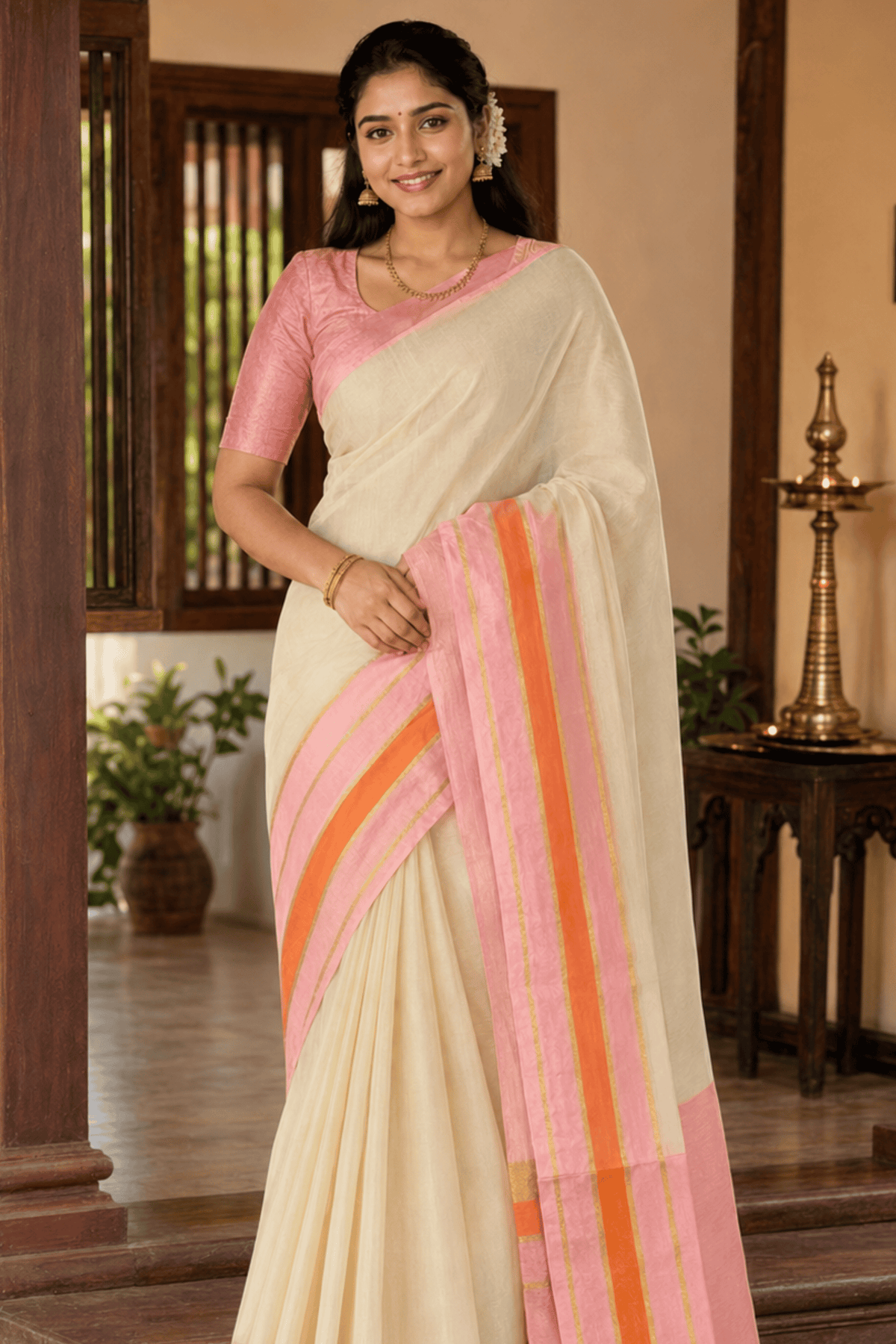 Chanderi Silk Kerala Saree – Pink & Gold Border – photo 1