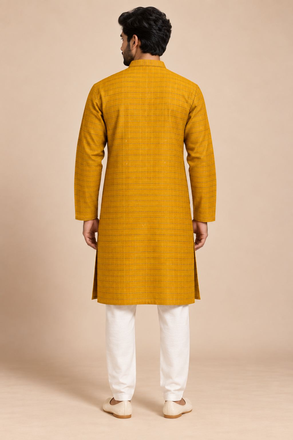 Mustard Semi-Silk Checked Kurta – back view showing the even checked weave