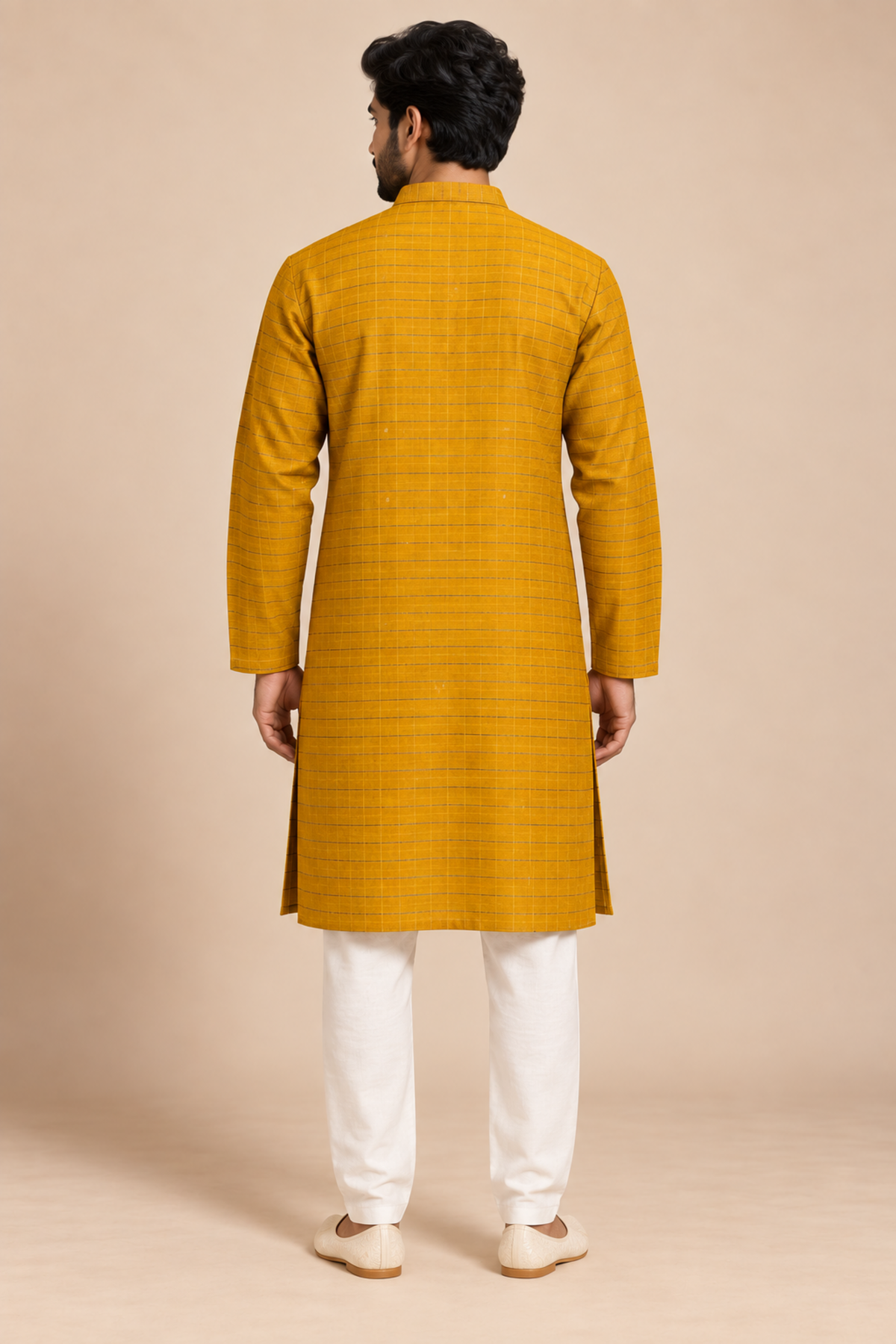 Mustard Semi-Silk Checked Kurta – back view showing the even checked weave