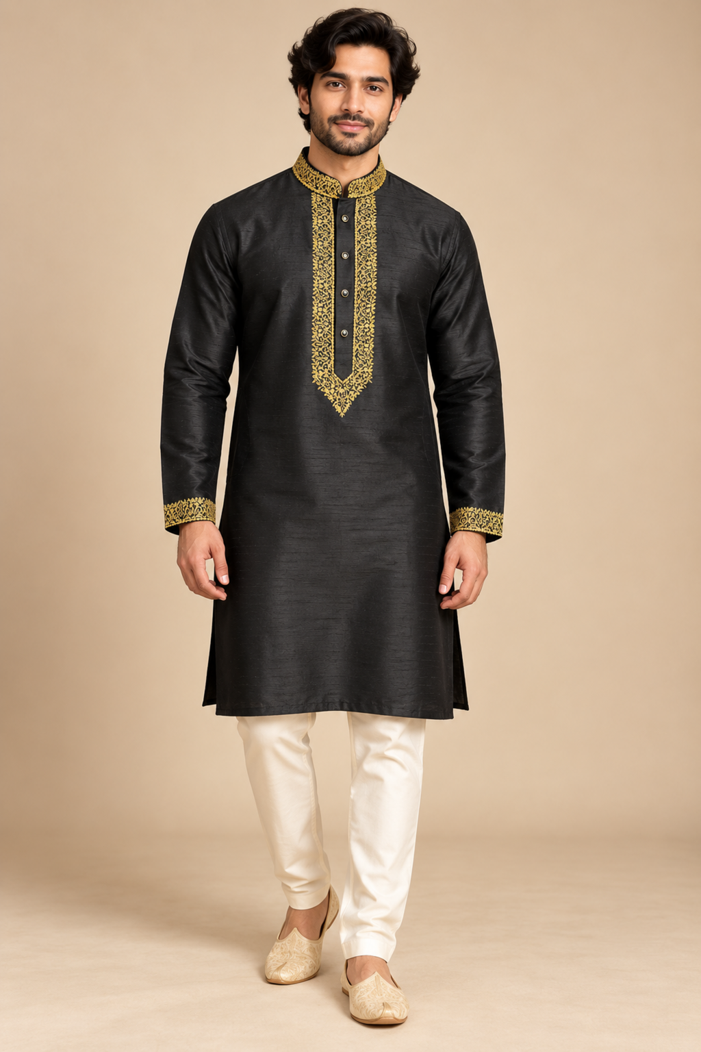 Black Raw Silk Gold Embroidered Kurta – front view on a model, with gold floral embroidery on the collar, placket and cuffs