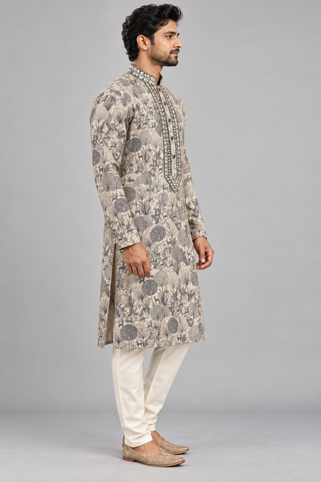 Ivory Semi-Silk Woodland Print Mirror Work Kurta – side view showing the straight knee-length cut