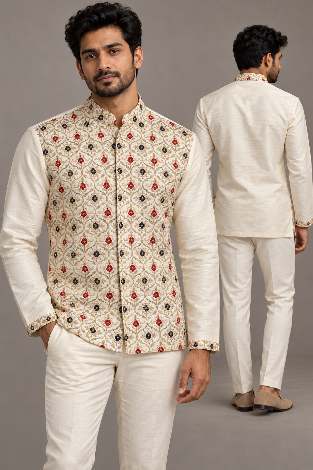 Ivory Semi-Silk Floral Embroidered Short Kurta – front and back views together, showing the plain ivory back
