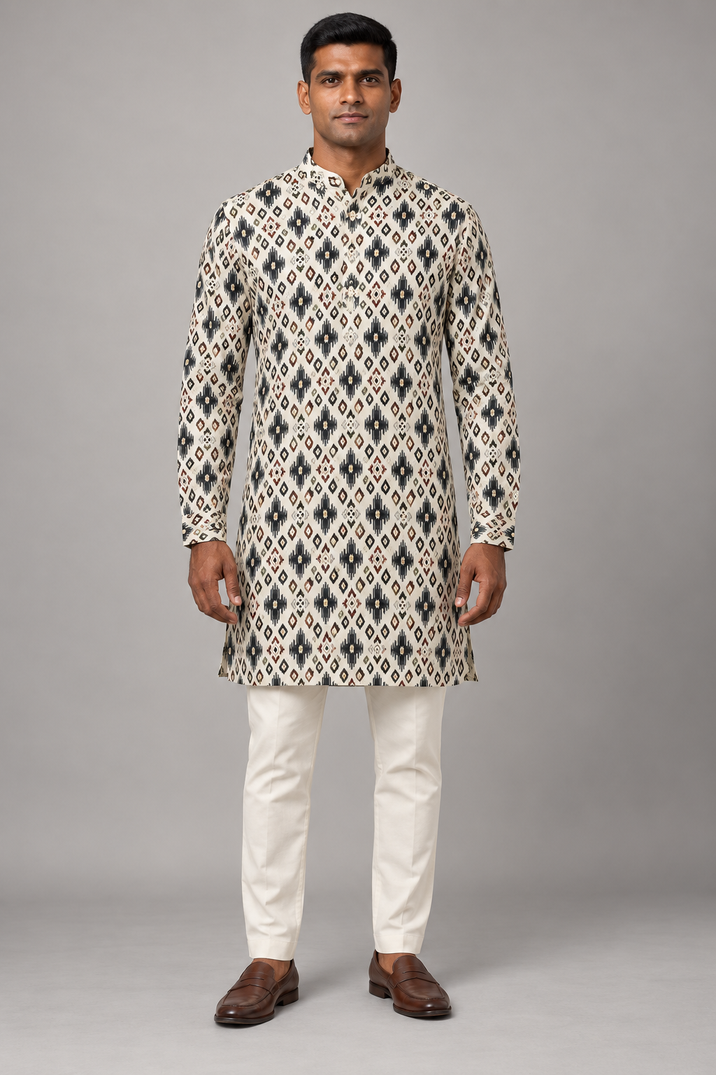 Ivory Semi-Cotton Ikat Print Kurta – front view on a model, with all-over black, grey and rust ikat diamond print