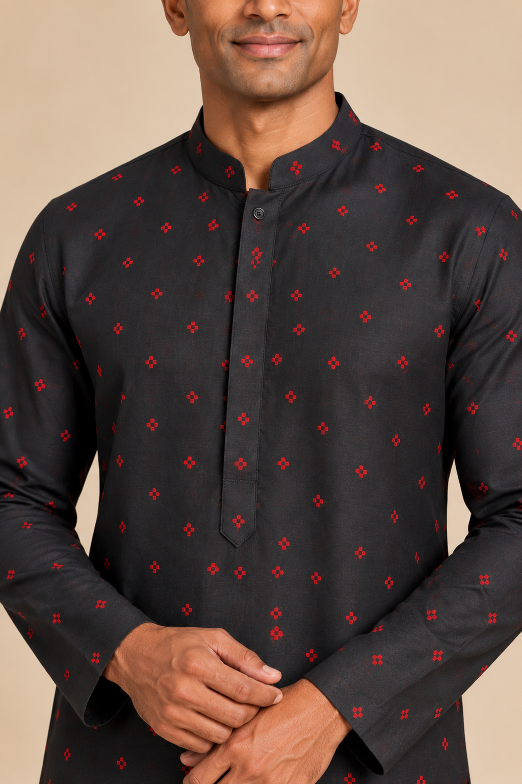 Charcoal Black Semi-Cotton Kurta with Red Motifs – close-up of the mandarin collar, placket and red woven motifs