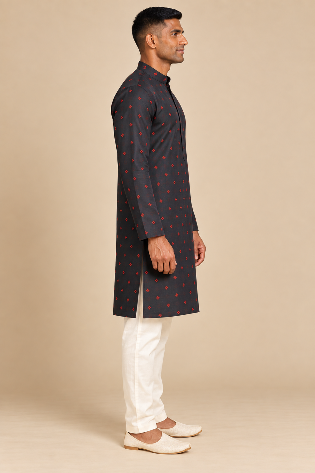 Charcoal Black Semi-Cotton Kurta with Red Motifs – side view showing the straight knee-length cut and side slit
