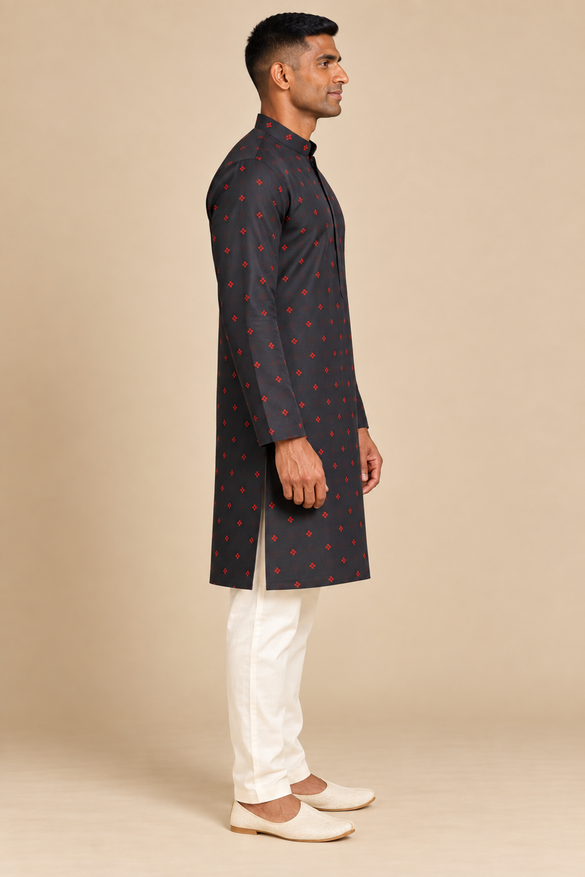 Charcoal Black Semi-Cotton Kurta with Red Motifs – side view showing the straight knee-length cut and side slit