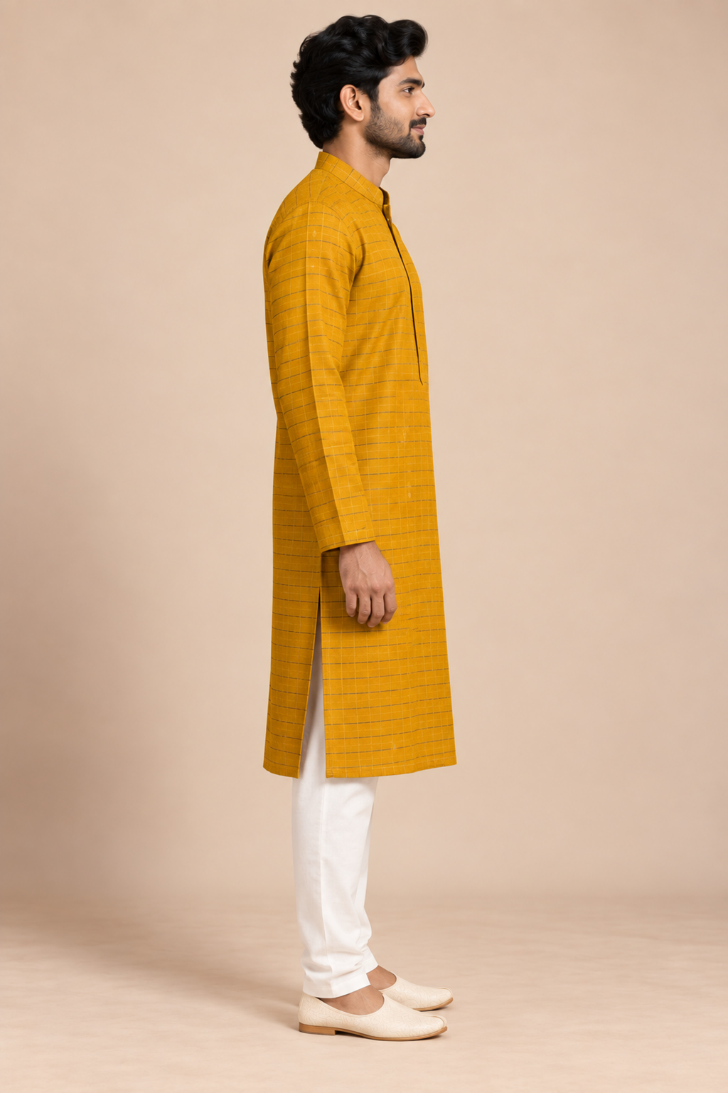 Mustard Semi-Silk Checked Kurta – side view showing the straight knee-length cut and side slit