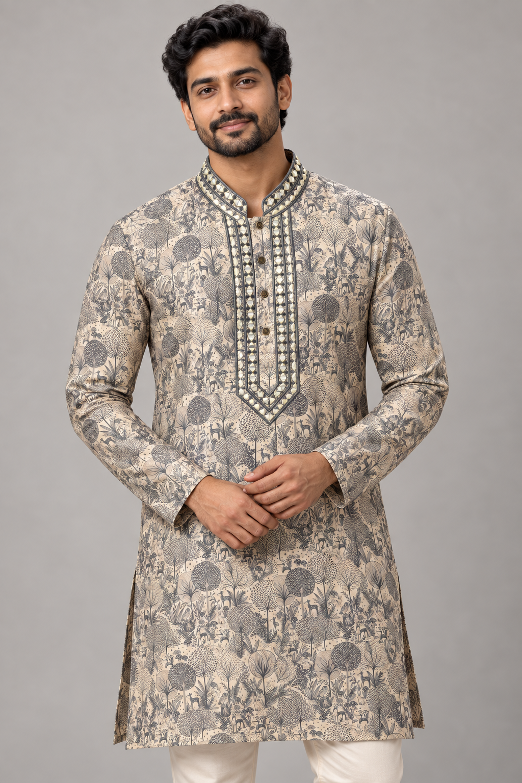 Ivory Semi-Silk Woodland Print Mirror Work Kurta – close-up of the mirror work and thread embroidery on the collar and placket