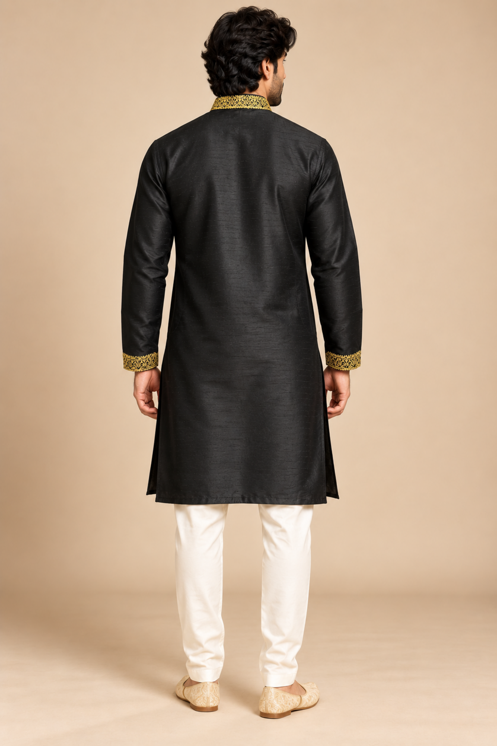 Black Raw Silk Gold Embroidered Kurta – back view showing the embroidered collar and cuffs