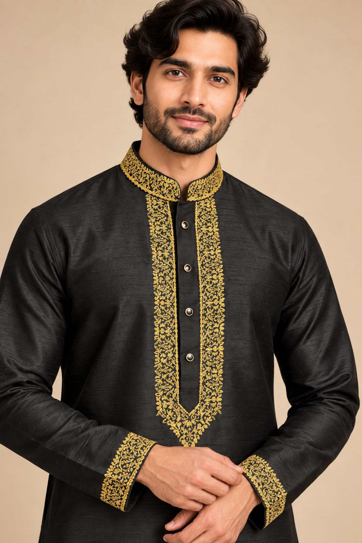 Black Raw Silk Gold Embroidered Kurta – close-up of the gold floral thread embroidery around the placket and buttons