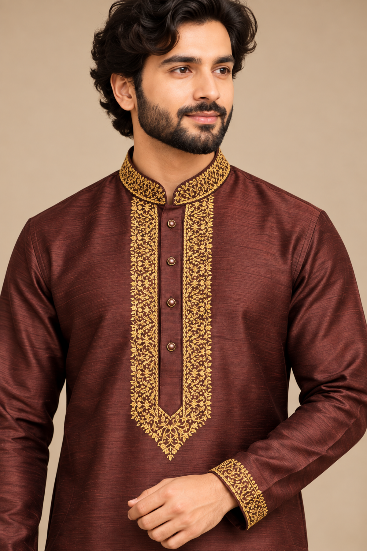 Maroon Raw Silk Gold Embroidered Kurta – close-up of the gold floral thread embroidery around the placket and buttons