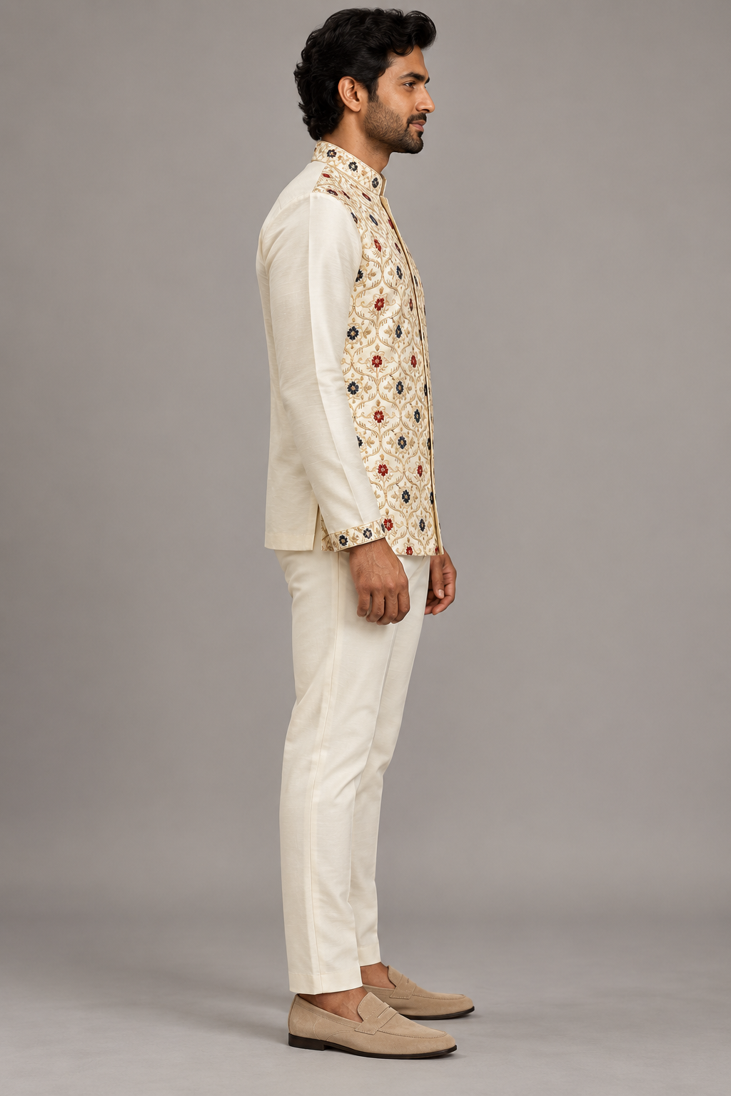 Ivory Semi-Silk Floral Embroidered Short Kurta – side view showing the hip-length cut and plain ivory sleeves