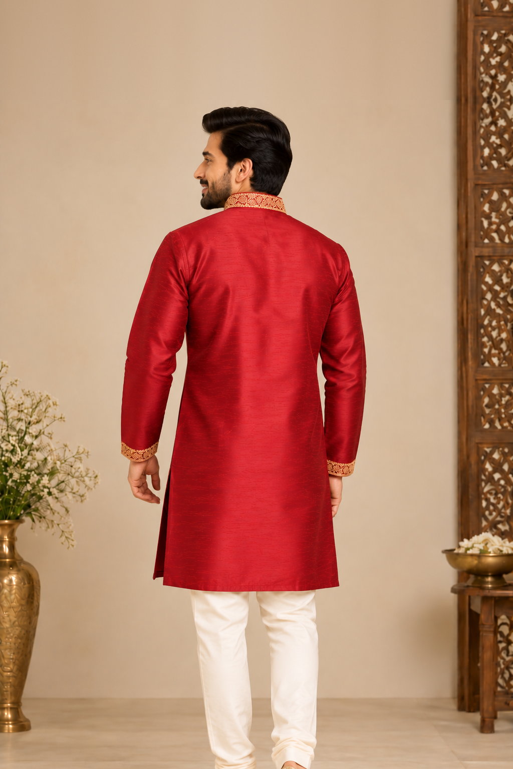 Royal Maroon Gold Embroidered Kurta – back view with embroidered collar and cuffs