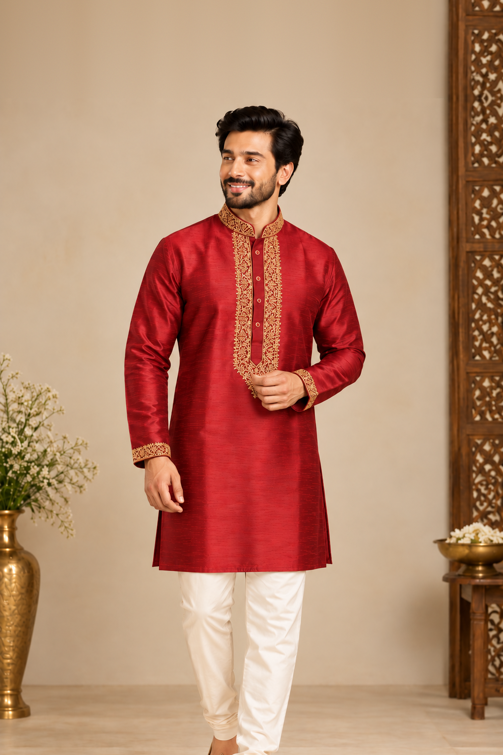 Royal Maroon Gold Embroidered Kurta – front view on a model, with gold embroidered collar, placket and cuffs